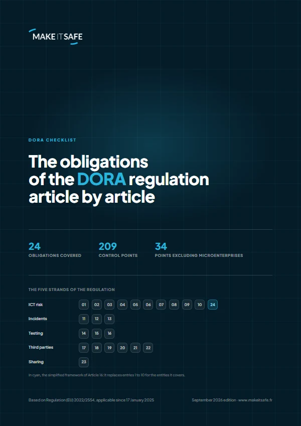 Cover of the DORA checklist, the obligations of the regulation article by article, Make IT Safe