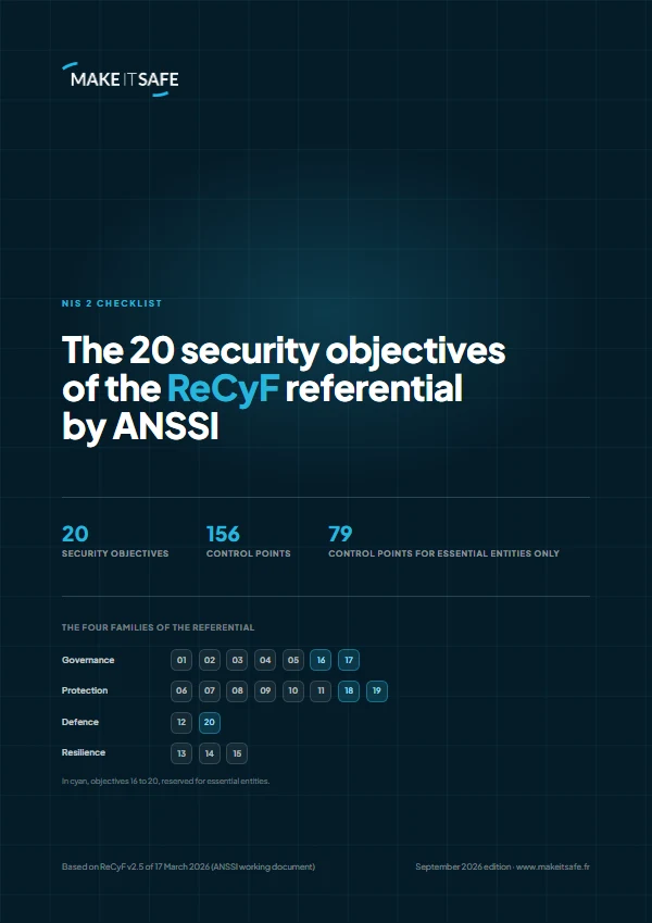 Cover of the ReCyF checklist, the 20 NIS 2 security objectives, Make IT Safe