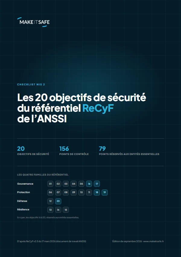 Couverture de la checklist ReCyF, les 20 objectifs de sécurité NIS 2, Make IT Safe
