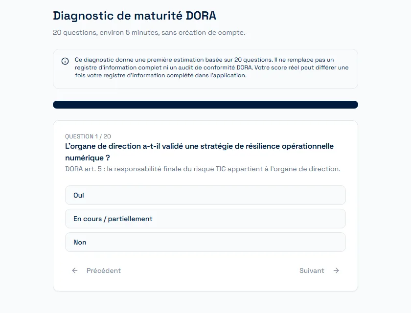 DORA maturity assessment: first question on whether the management body has approved a digital operational resilience strategy, with a reminder of article 5 and three possible answers.