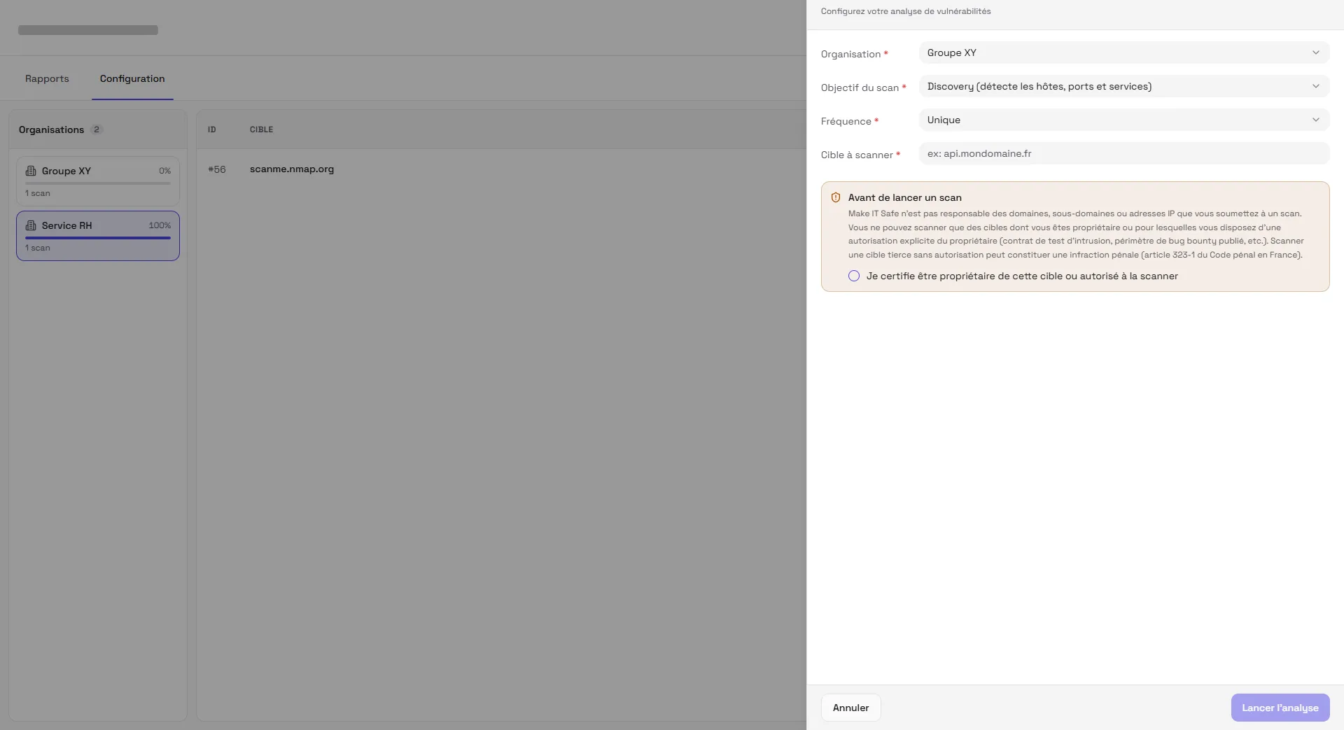 The New scan window: organisation, scan objective, frequency, target, and the certification box to tick before launching the analysis