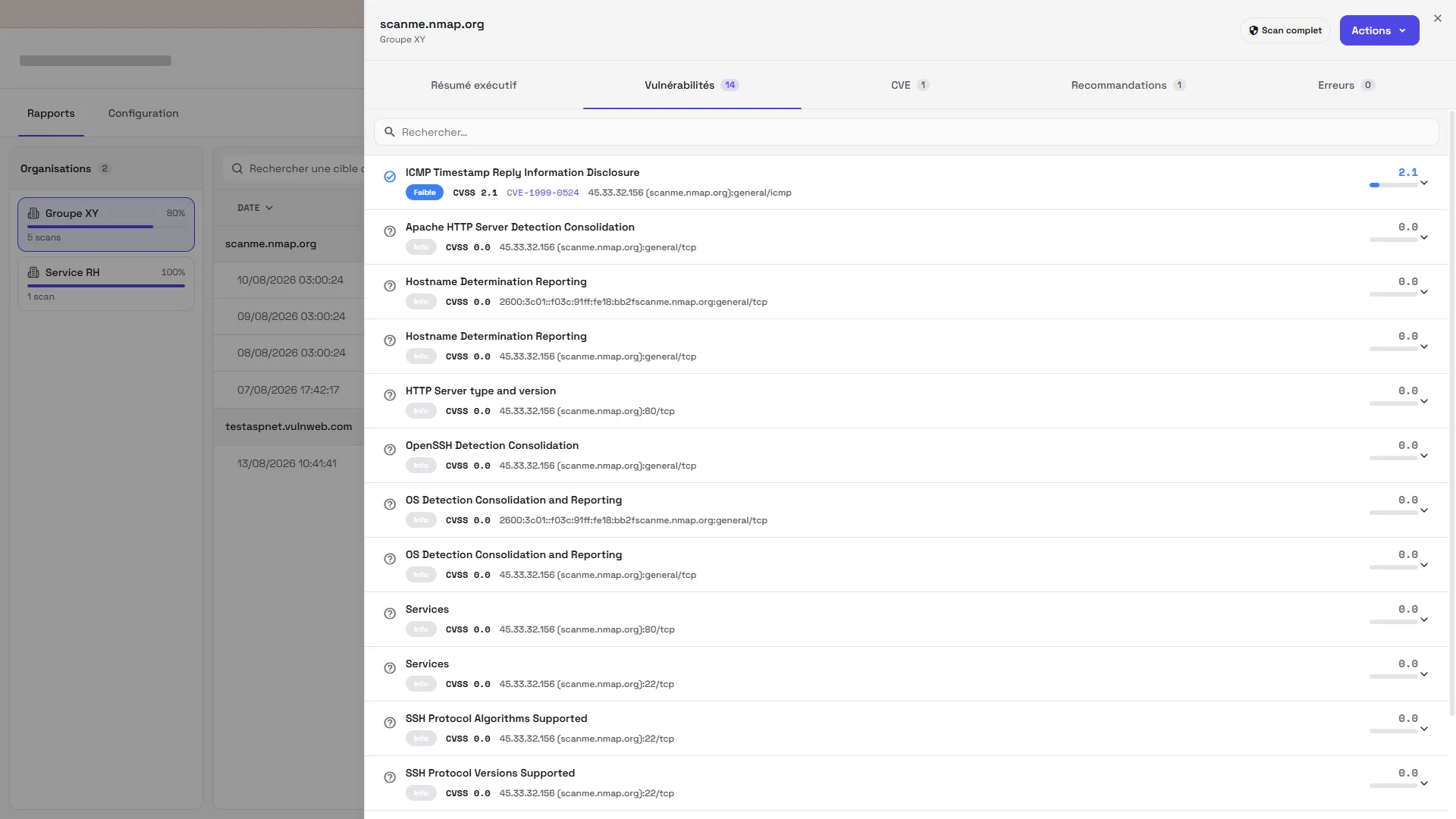 The vulnerability list of a scan: severity, CVSS score, associated CVE, host and port concerned