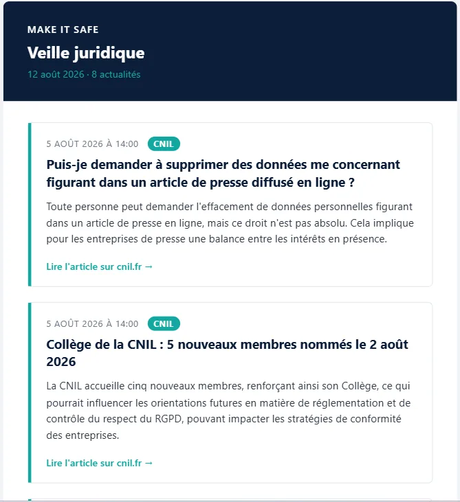 A legal watch email: the week’s CNIL publications, summarised, with a link to the original article