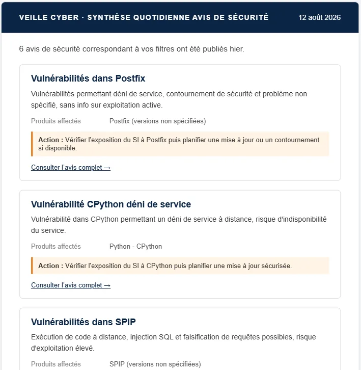 A daily digest email: the security advisories published the day before, with affected products and recommended action