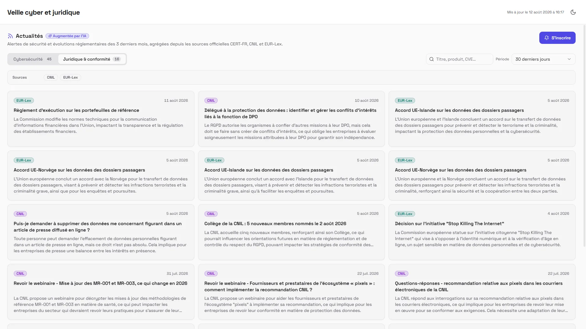The legal and compliance tab: CNIL publications and EUR-Lex texts, each summarised in a few lines