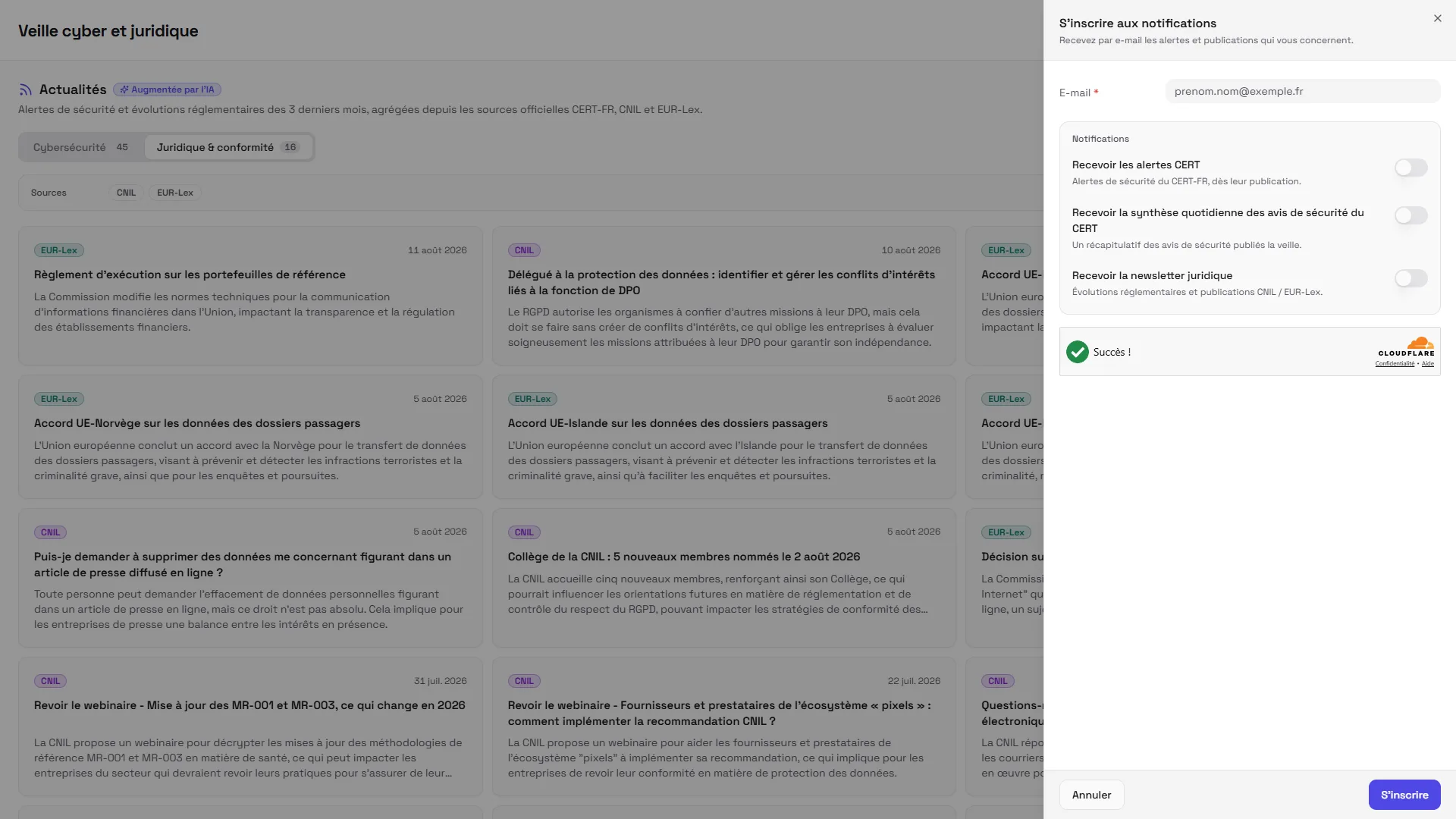 The notification sign-up window: email address and three subscriptions ticked separately
